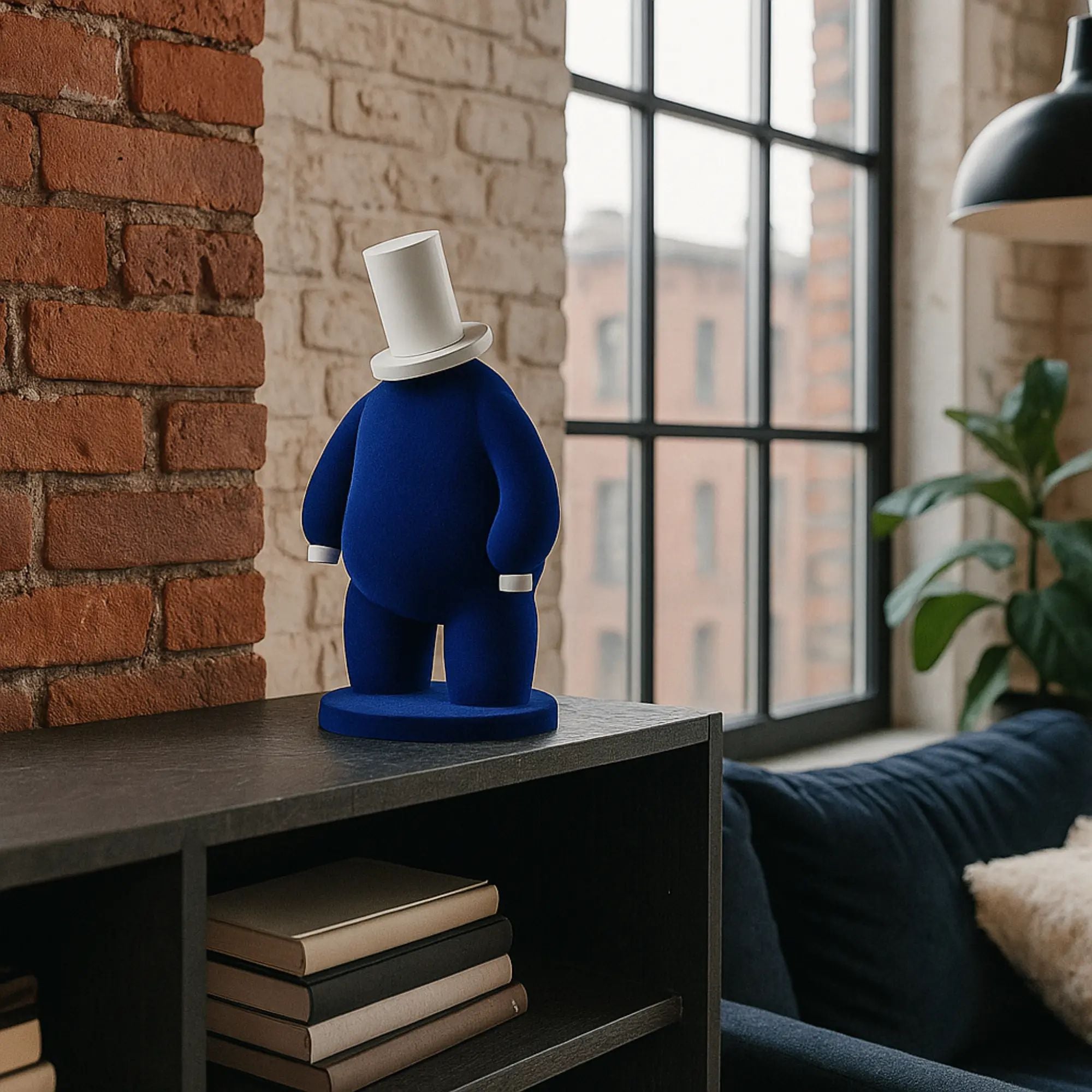 Sammlerfigur - Samtierte Skulptur im Pop-Art-Stil Monsieur Cobalt aufgestellt im Interieur