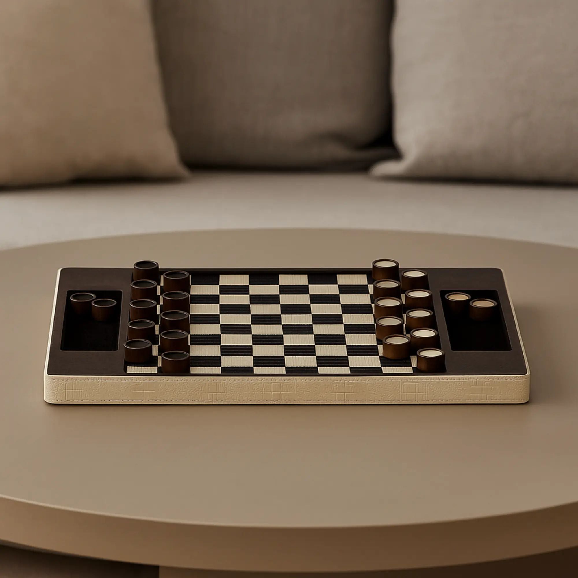 Damespiel - Checkers Brettspiel - Exklusives Strategiespiel Elegance Checkers Damespiel aufgestellt im Interieur