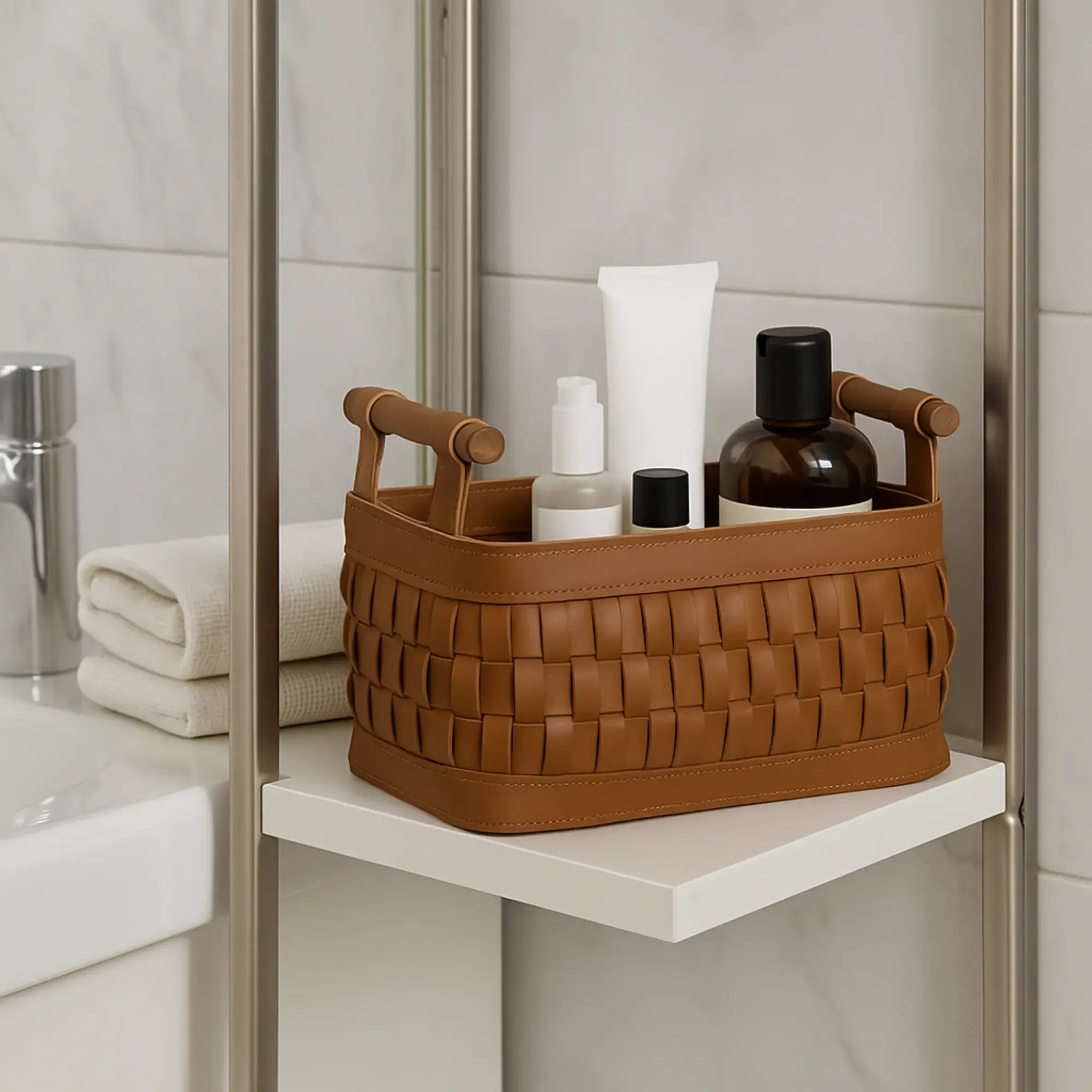 Aufbewahrungskorb - Lederkorb geflochten mit Holzgriffen – Aufbewahrungskorb Kosmetik Organizer Panier aufgestellt im Interieur