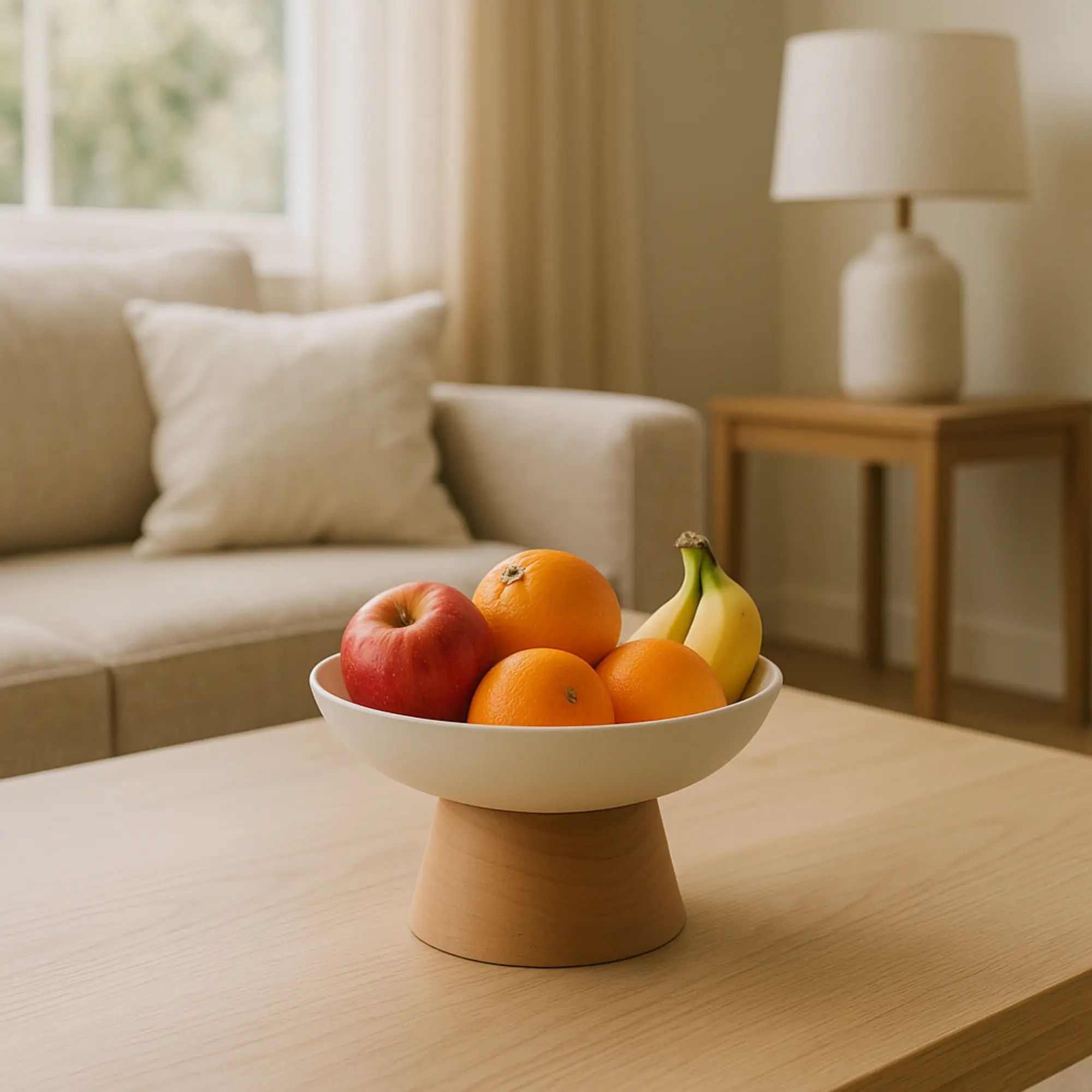 Runde-Schale - mit Holzgestell - Runde Obstschale schöne Designerschale Bol Équilibre aufgestellt im Interieur
