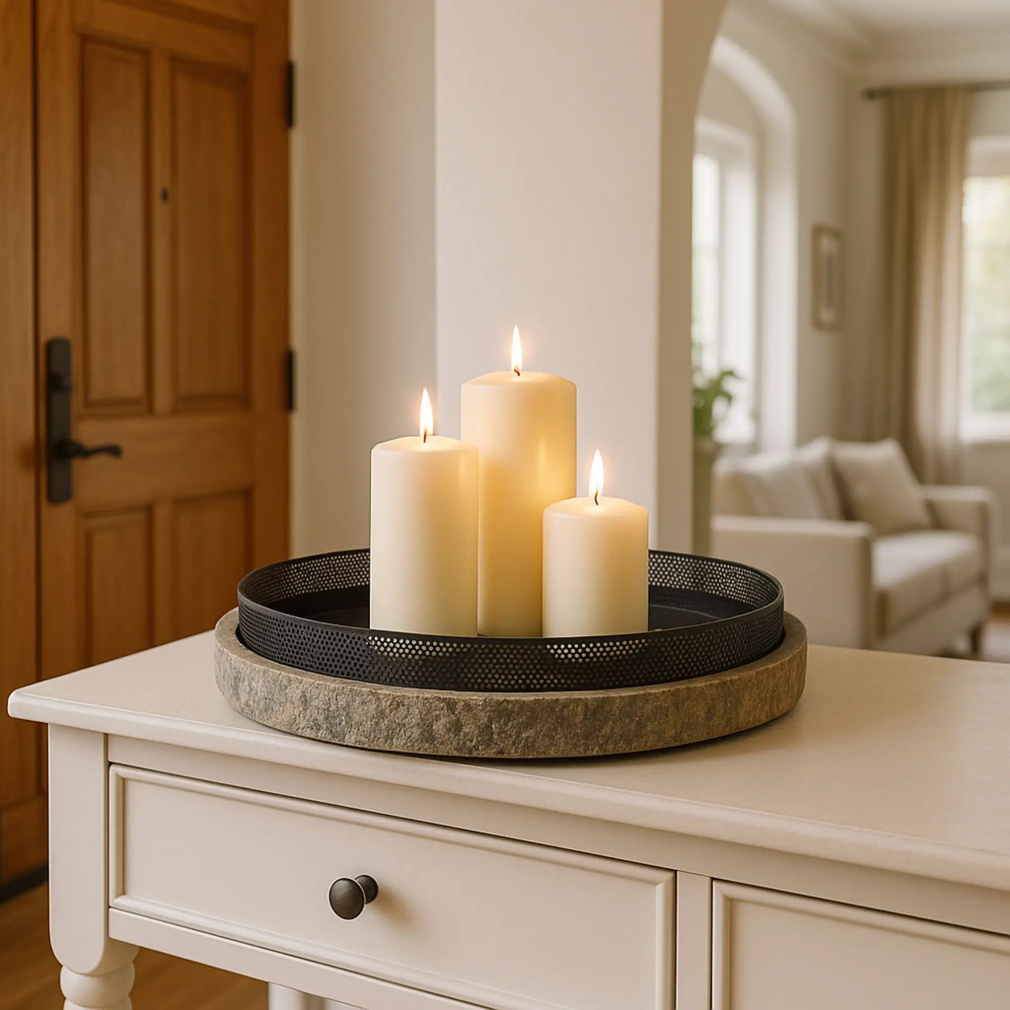 Serviertablett - rund 35cm - Kleines Dekotablett Marmoroptik Tablett Terra Mesh aufgestellt im Interieur