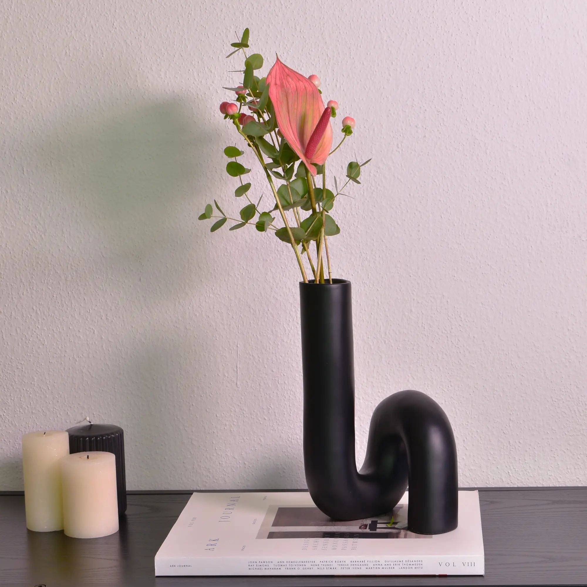 Vase - Elegante Designervase - Designgefäß skulpturale Blumenvase Linea Noire Eon aufgestellt im Interieur