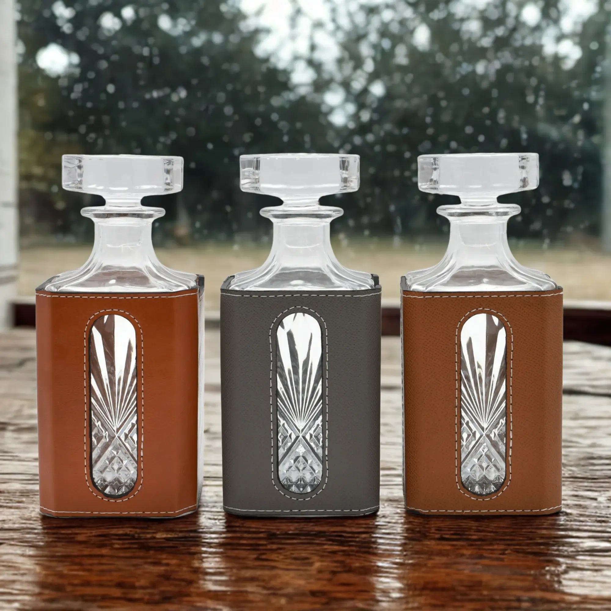 Whisky-Karaffen-Set - aus 3 Teilen mit Leder - Modernes Whiskyglas-Set Kunstlederumrandung Luxe aufgestellt im Interieur