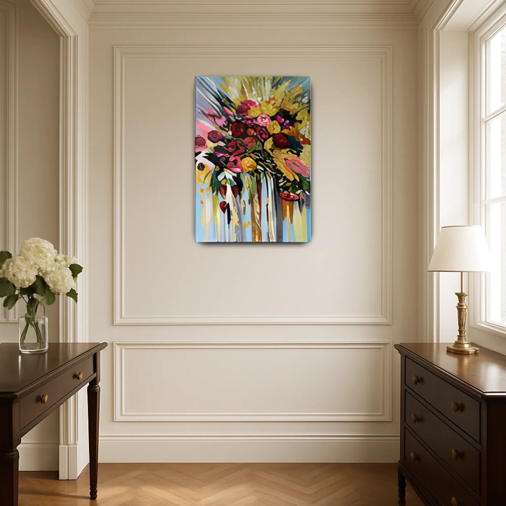 Großes Gemälde - Explosión Floral aufgestellt im Interieur
