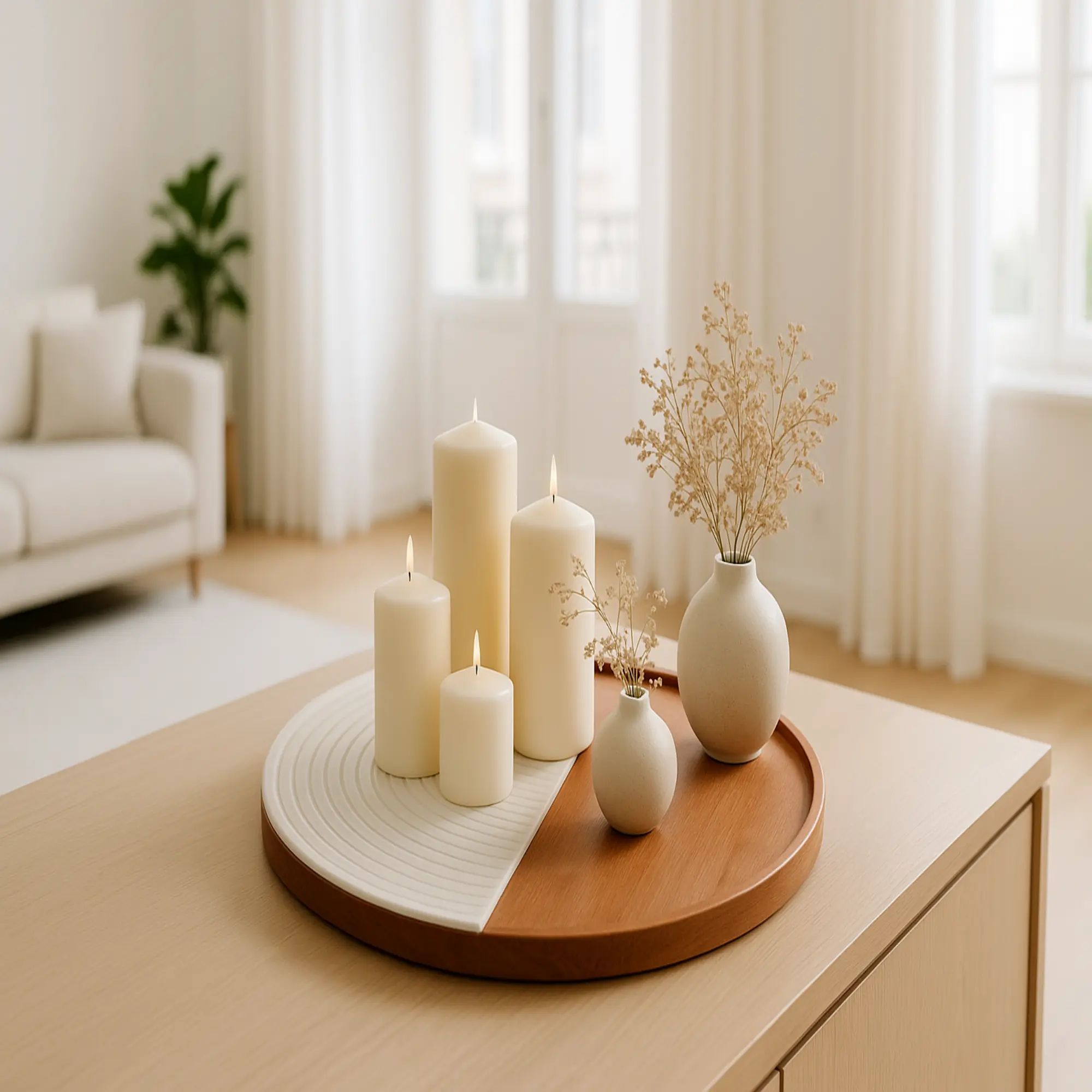 Rundes-Tablett - Walnuss mit Marmor 35cm - Edles Deko-Tablett Serviertablett aus Walnussholz Plateau Lunaire aufgestellt im Interieur