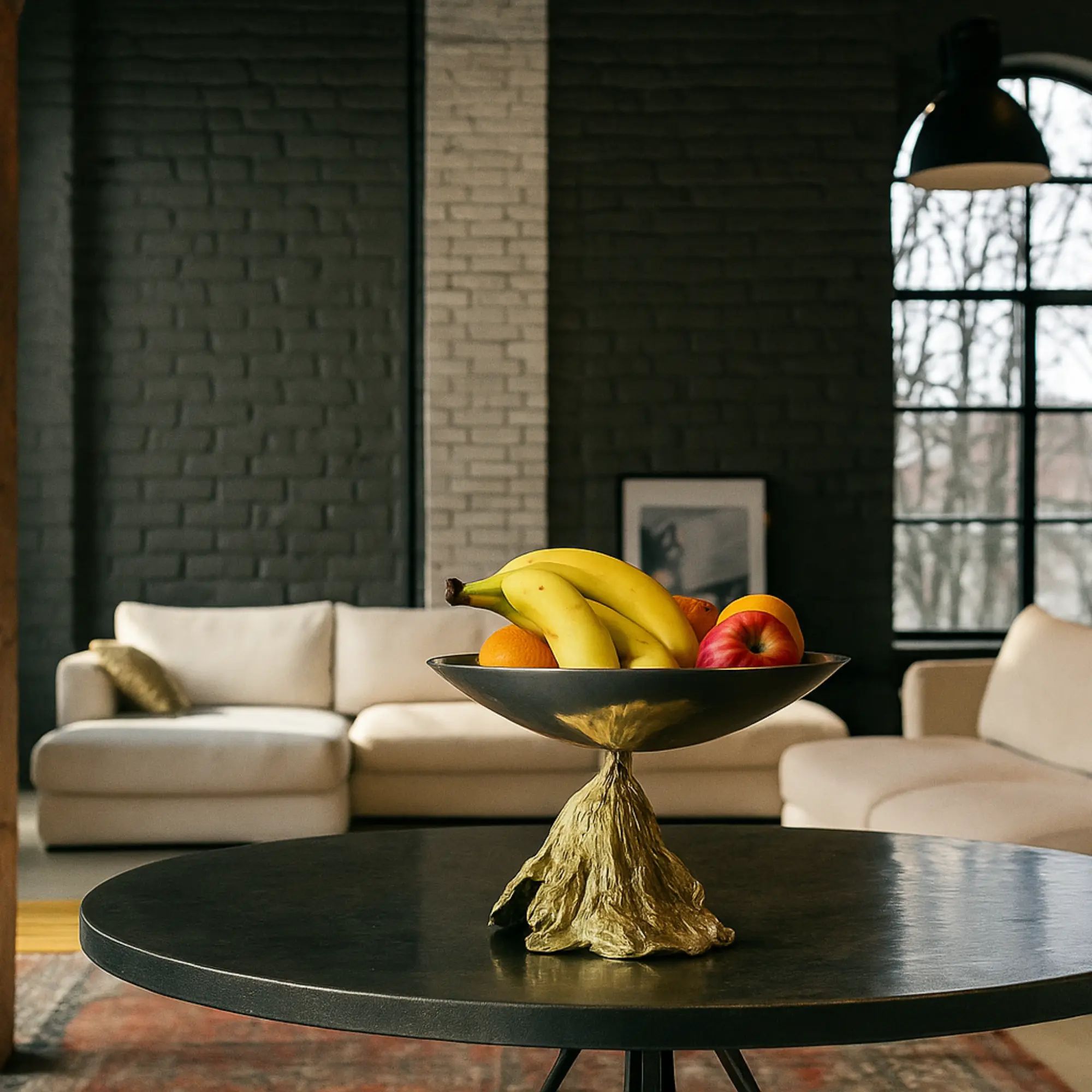 Fruchtschale - mit Goldfuß - Runde Designer Obstschale Stavro aufgestellt im Interieur