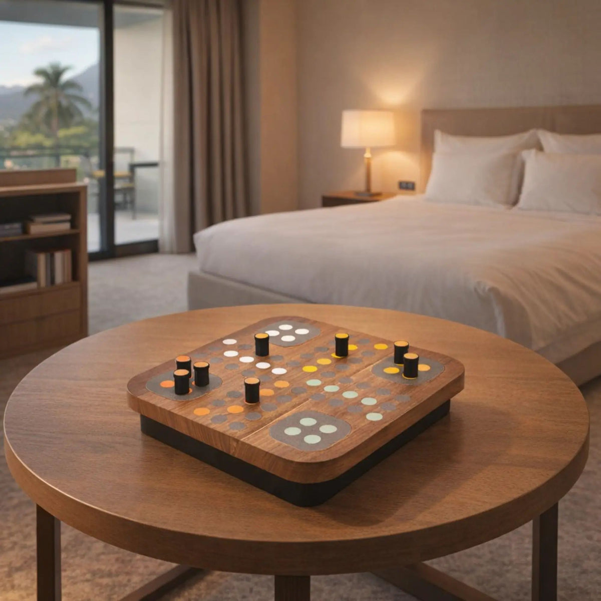 Solitaire-Spiel - Edles Design-Tischspiel aus Holz – Peg-Solitär auf mattschwarzem Sockel – Modernes Raster-Brettspiel – Ludus Équilibre