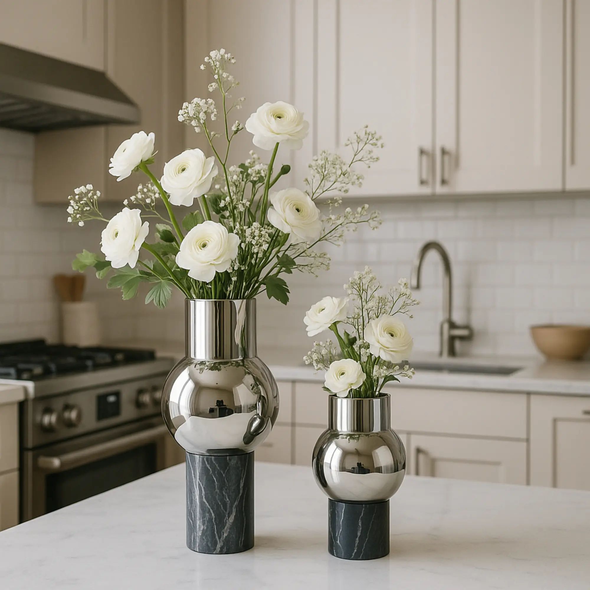 Vase - mit Marmorgestell - Runde Tischvase Edelstahlvase Fatroly aufgestellt im Interieur