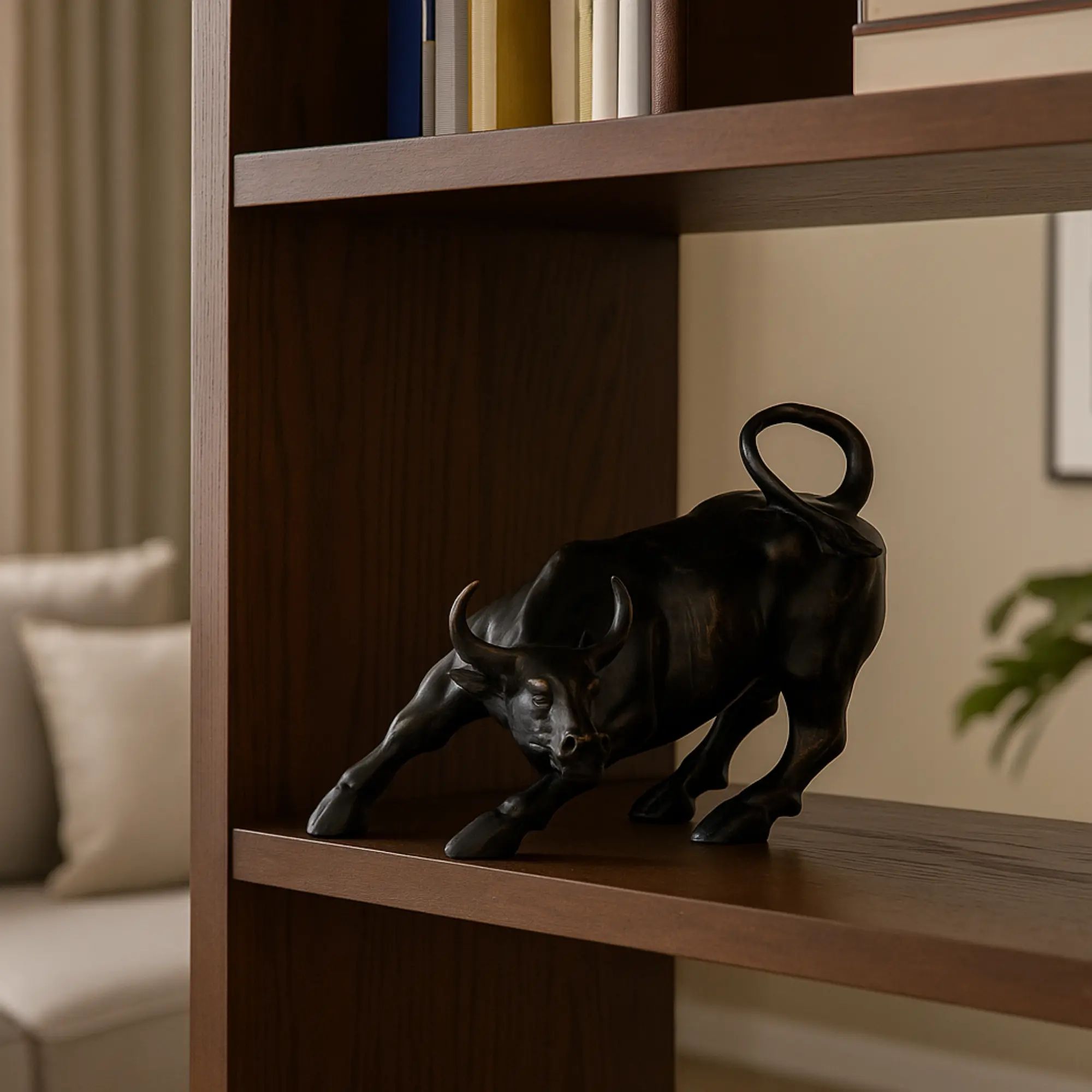 Tierfigur - Skulptur Kraftvoller Bulle Taurus Fortis aufgestellt im Interieur