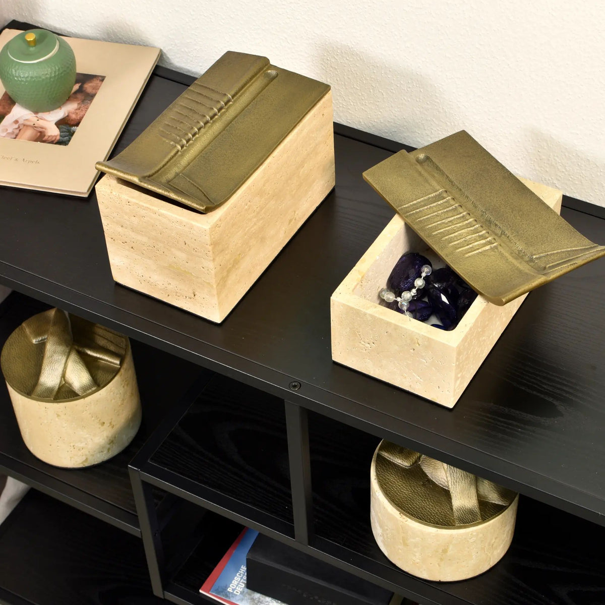 Aufbewahrungsbox - Schmuckdose aus Naturstein mit Messing-Deckel - Rechteckige Designbox Zeitlose Ablage Cassetta Aurea
