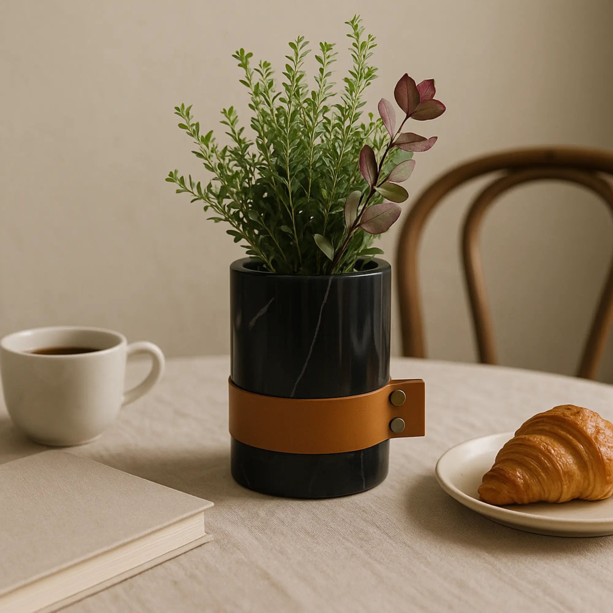 Marmorvase - rund mit Lederakzent - Kleine Tischvase Deko-Vase Stifthalter Marble Luxe aufgestellt im Interieur