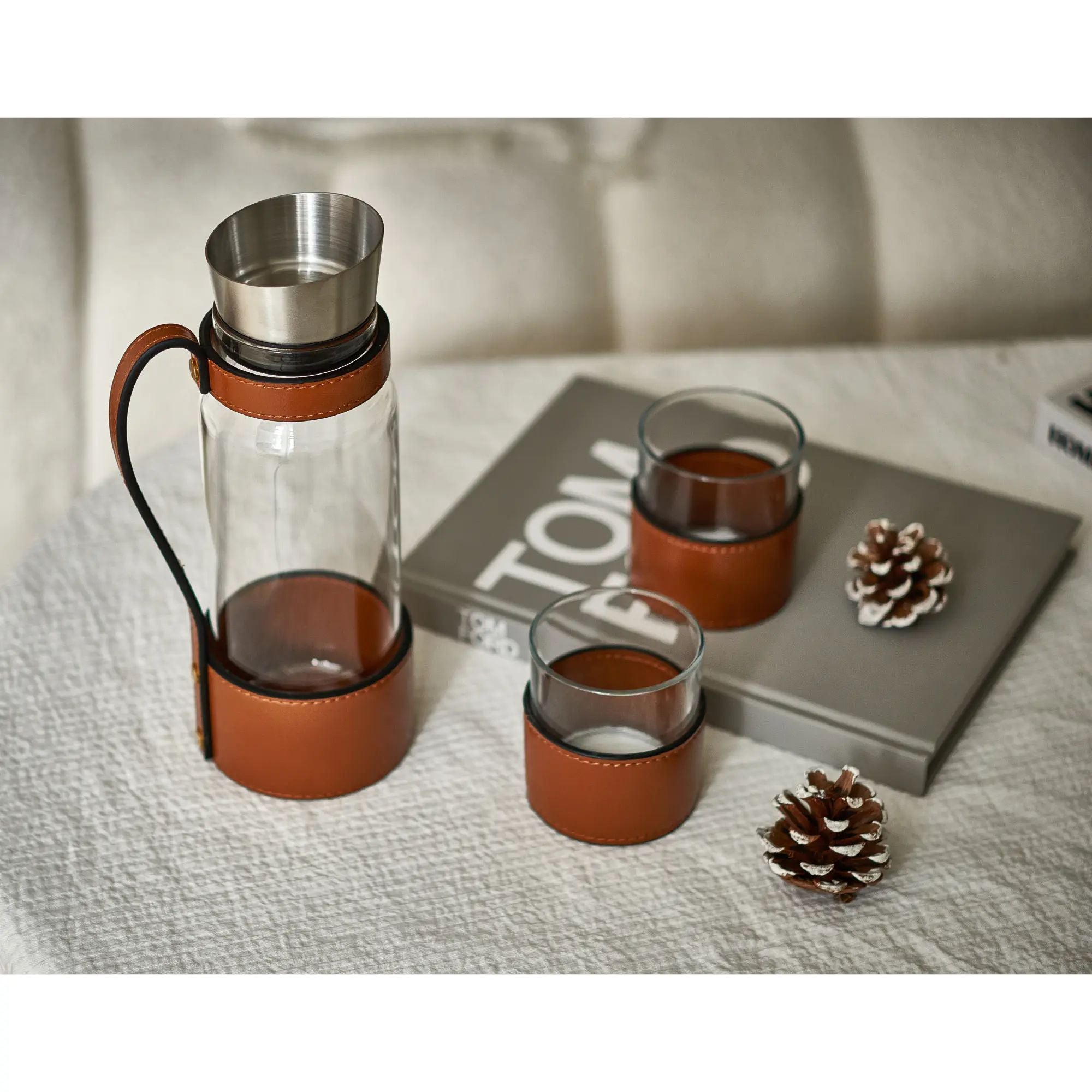 Karaffen-Set - mit 2 Gläsern - Edle Wasserkaraffe mit Griff und CloseUp Essence aufgestellt im Interieur