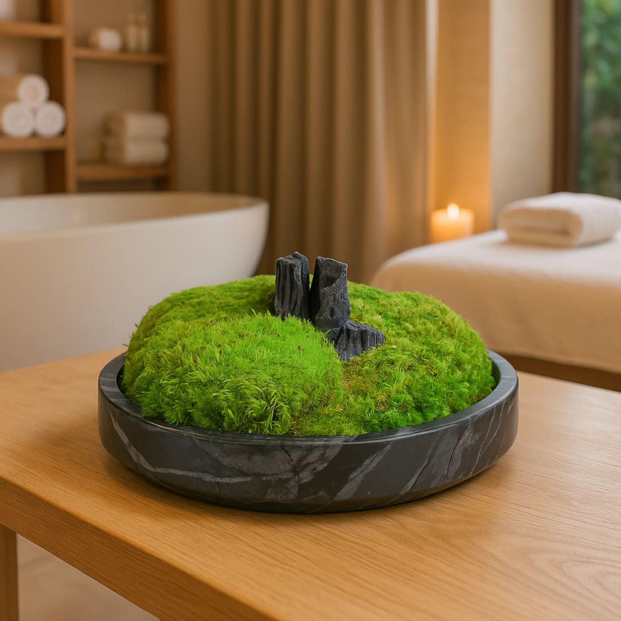 Moosdekoration - in Marmorschale - Runde Moos-Dekoschale mit Holzelement Terra Lux aufgestellt im Interieur