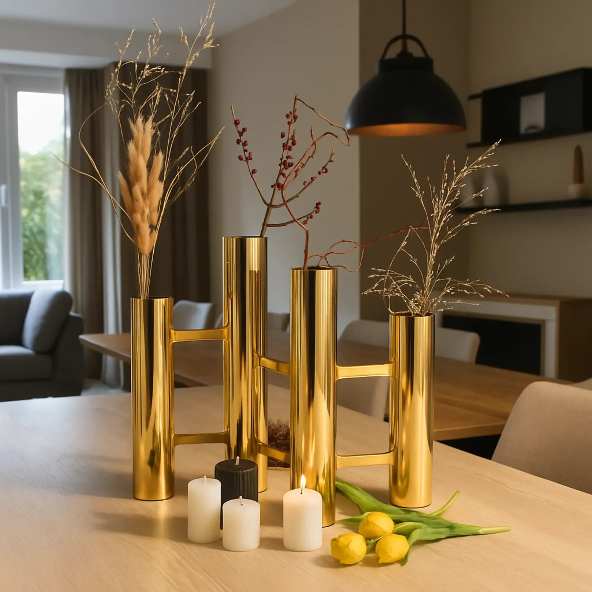 Tischvase - mit 4 Kammern - Große Metallvase mit Öffnungen für langstielige Blumen Magnifique