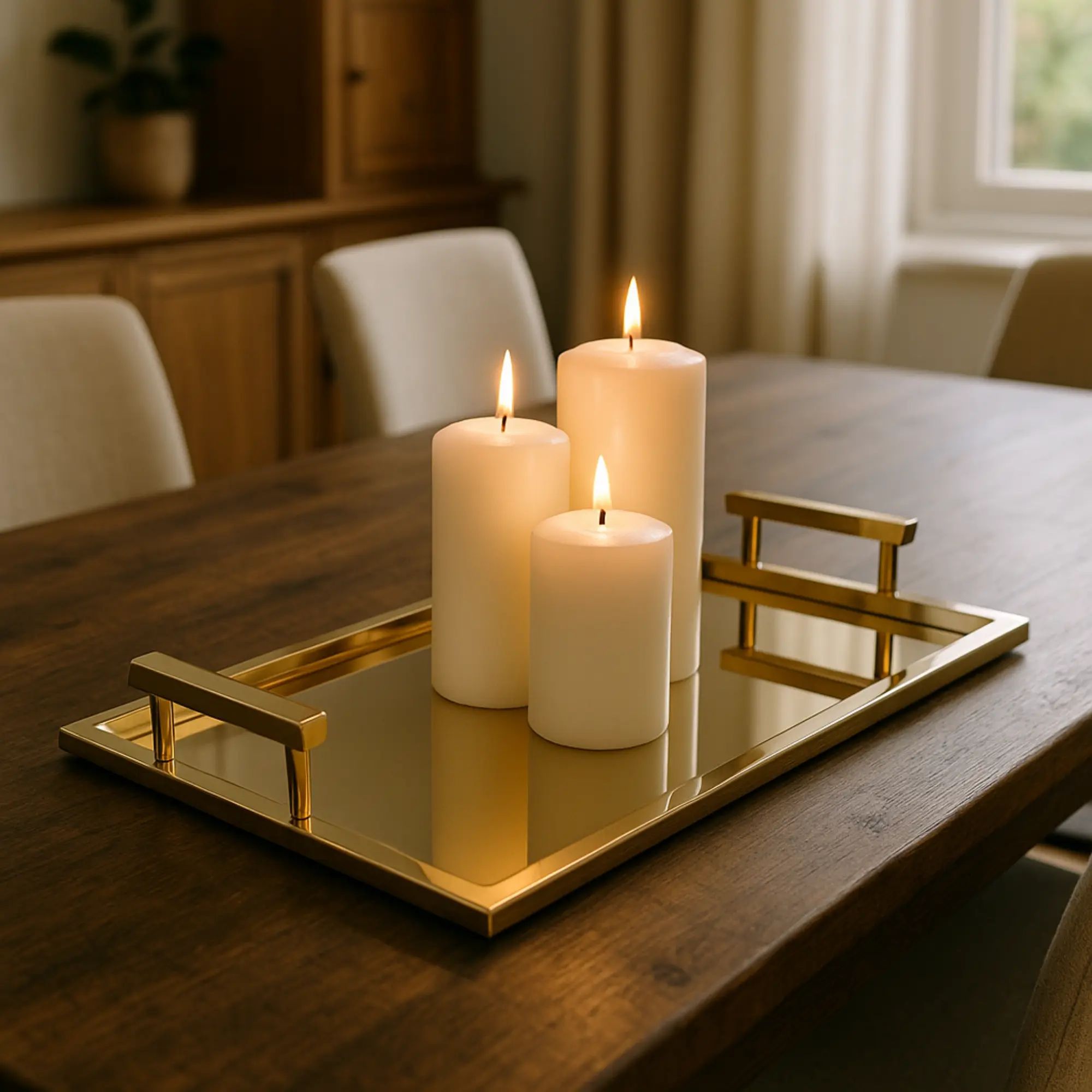 Serviertablett - mit Griff Gold - Edles Tragetablett rechteckig Glatis aufgestellt im Interieur