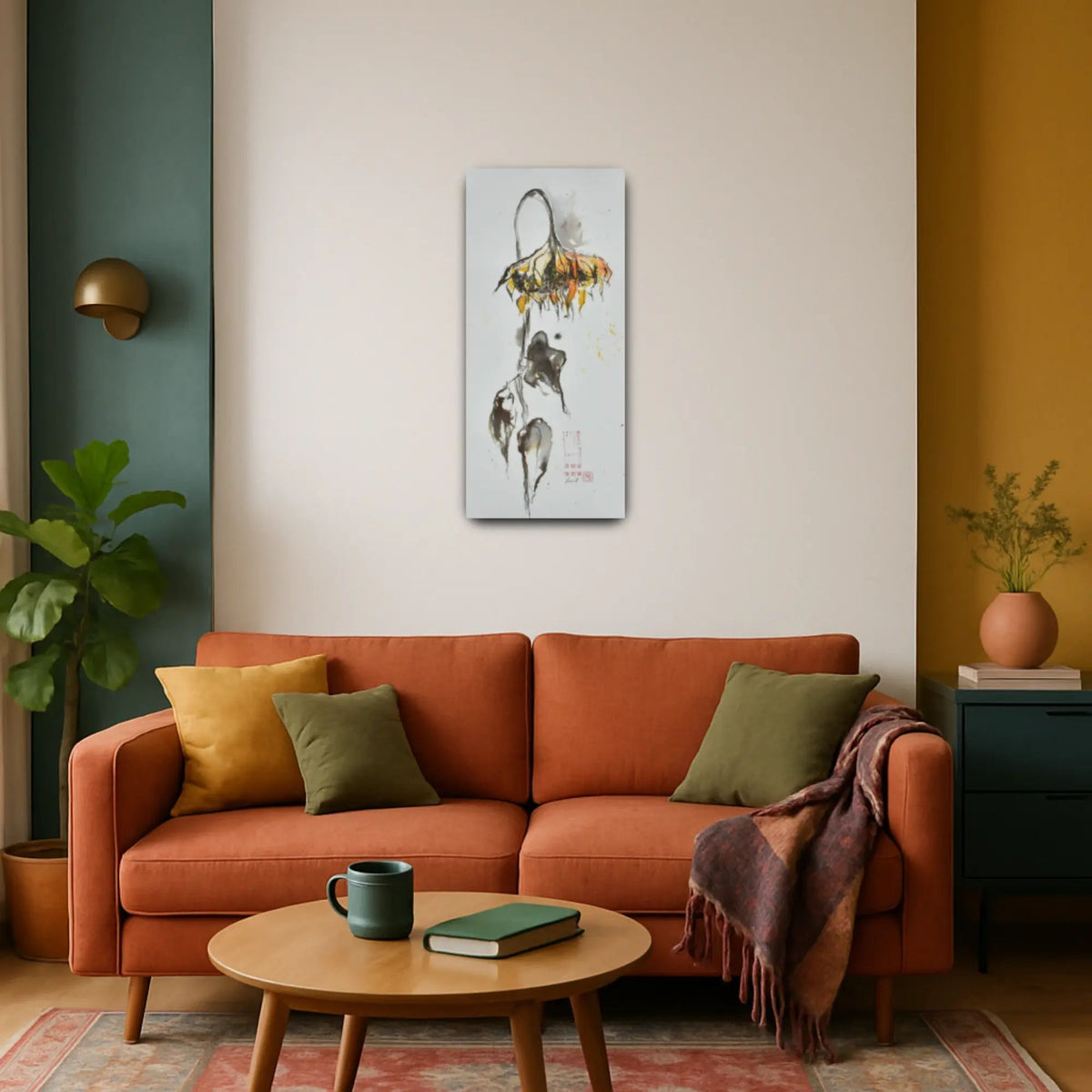 Großes Aquarellbild - Naturrealistisches Wandgemälde Élégie d’Helianthus