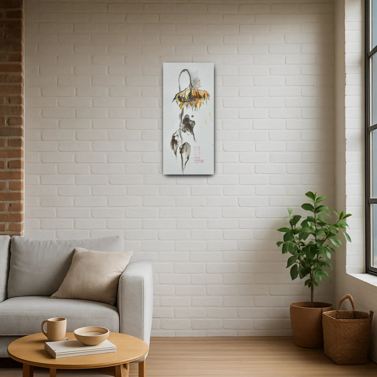 Großes Aquarellbild - Naturrealistisches Wandgemälde Élégie d’Helianthus