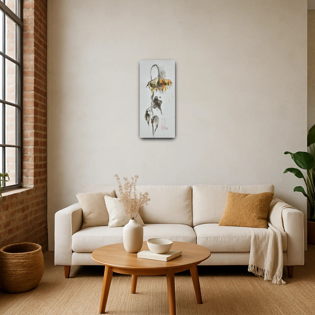 Großes Aquarellbild - Naturrealistisches Wandgemälde Élégie d’Helianthus